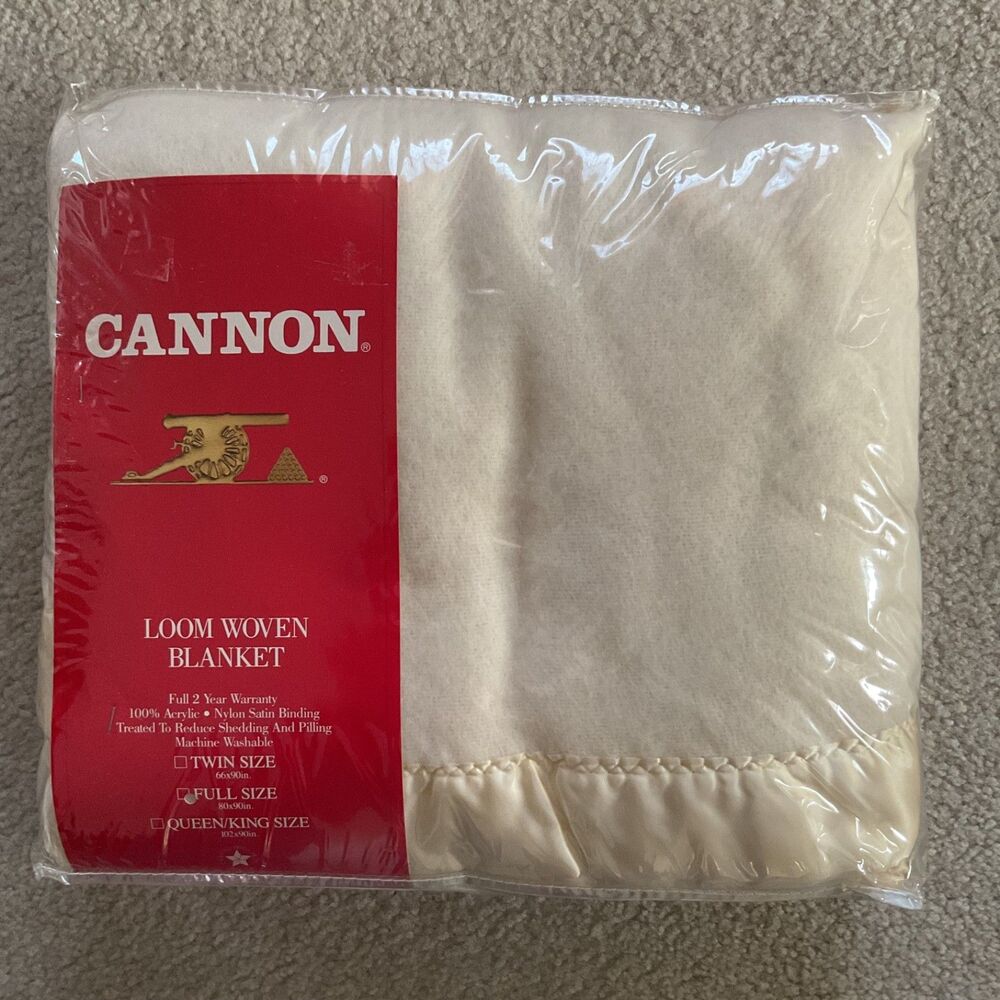 Vintage Cannon Loom Woven Acrylic Blanket Full 80x90in Satin Trim Cream USA New